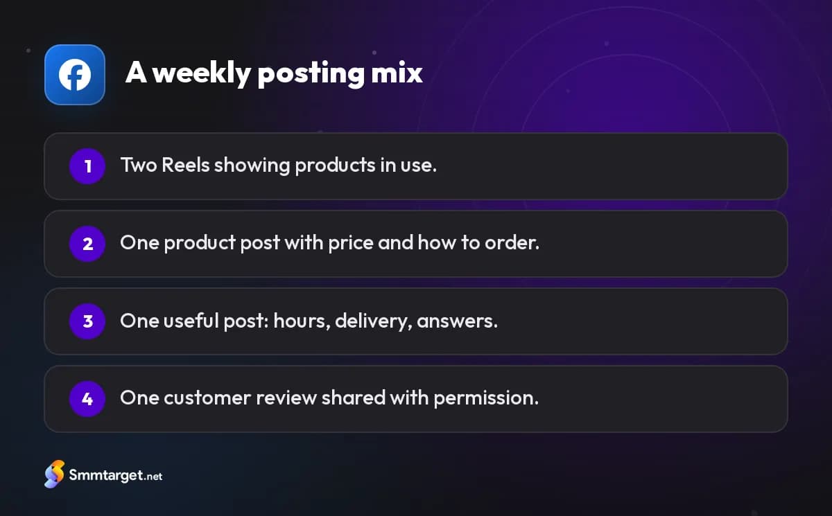 Infographic: a simple weekly posting mix for a Facebook business Page