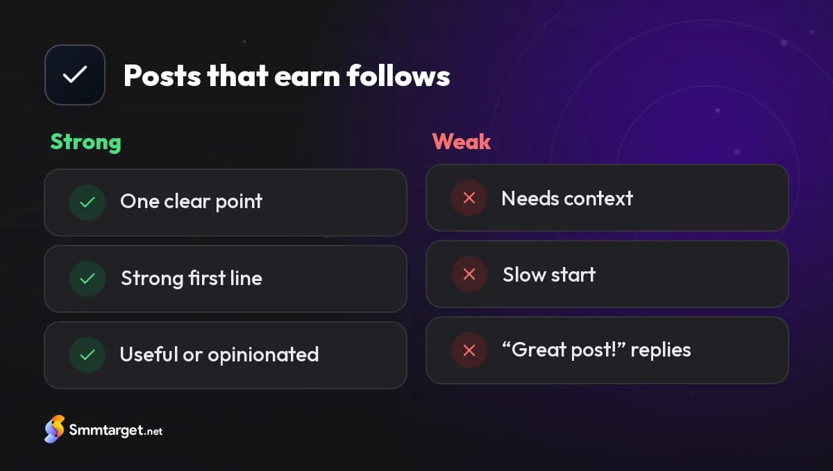 Comparison: posts that earn follows on X versus weak posts
