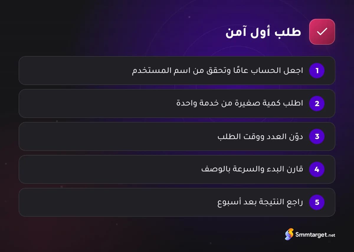 رسم توضيحي: خمس خطوات لطلب أول آمن مع مزوّد متابعين جديد