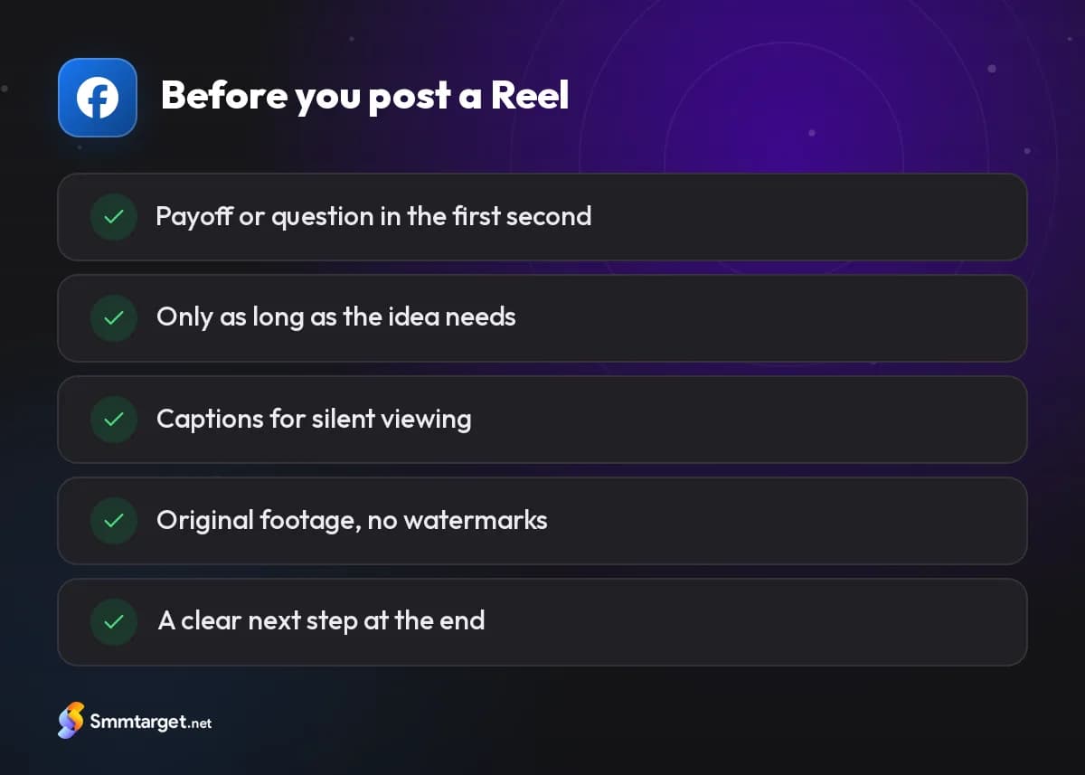 Checklist: five checks before posting a Facebook Reel