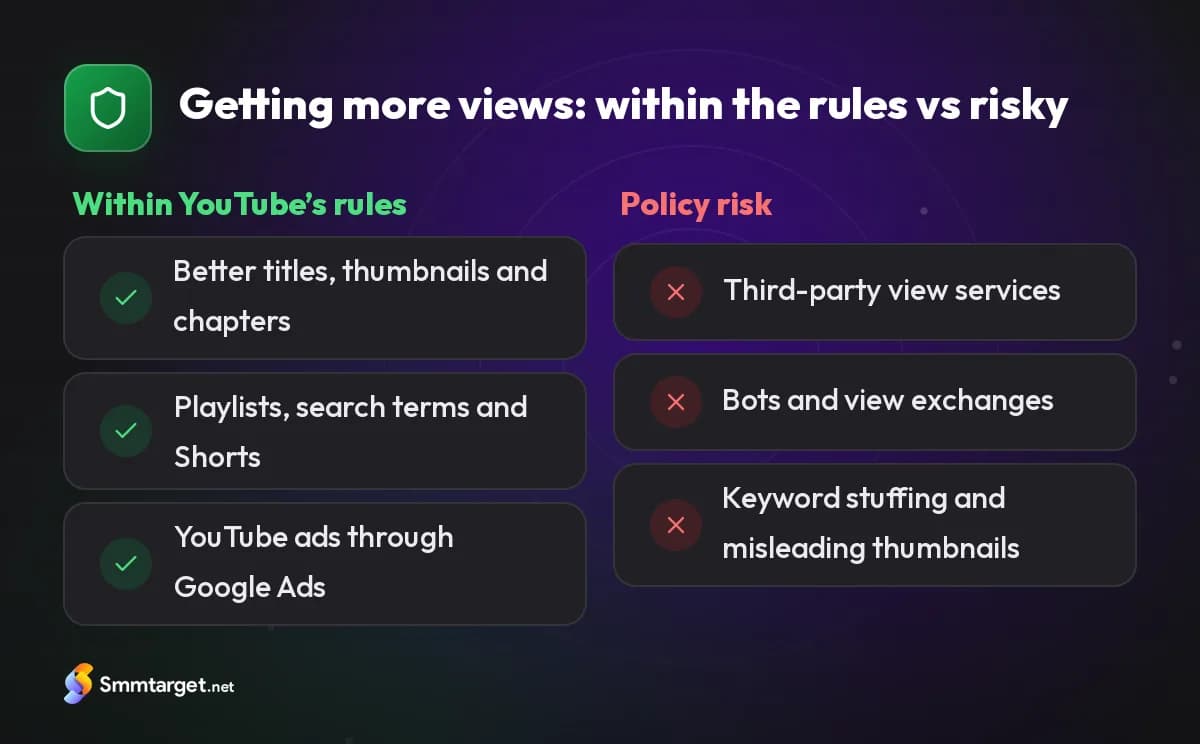 Comparison card: ways to get YouTube views that follow the rules versus methods that carry policy risk