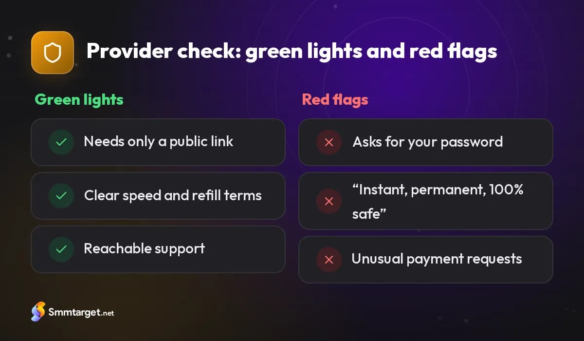 Comparison card: green lights and red flags when checking a followers provider