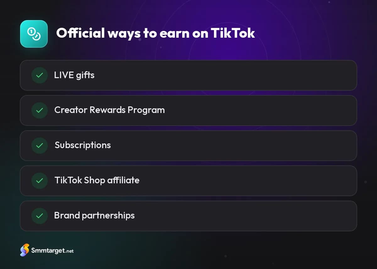 Checklist: five official ways to make money on TikTok