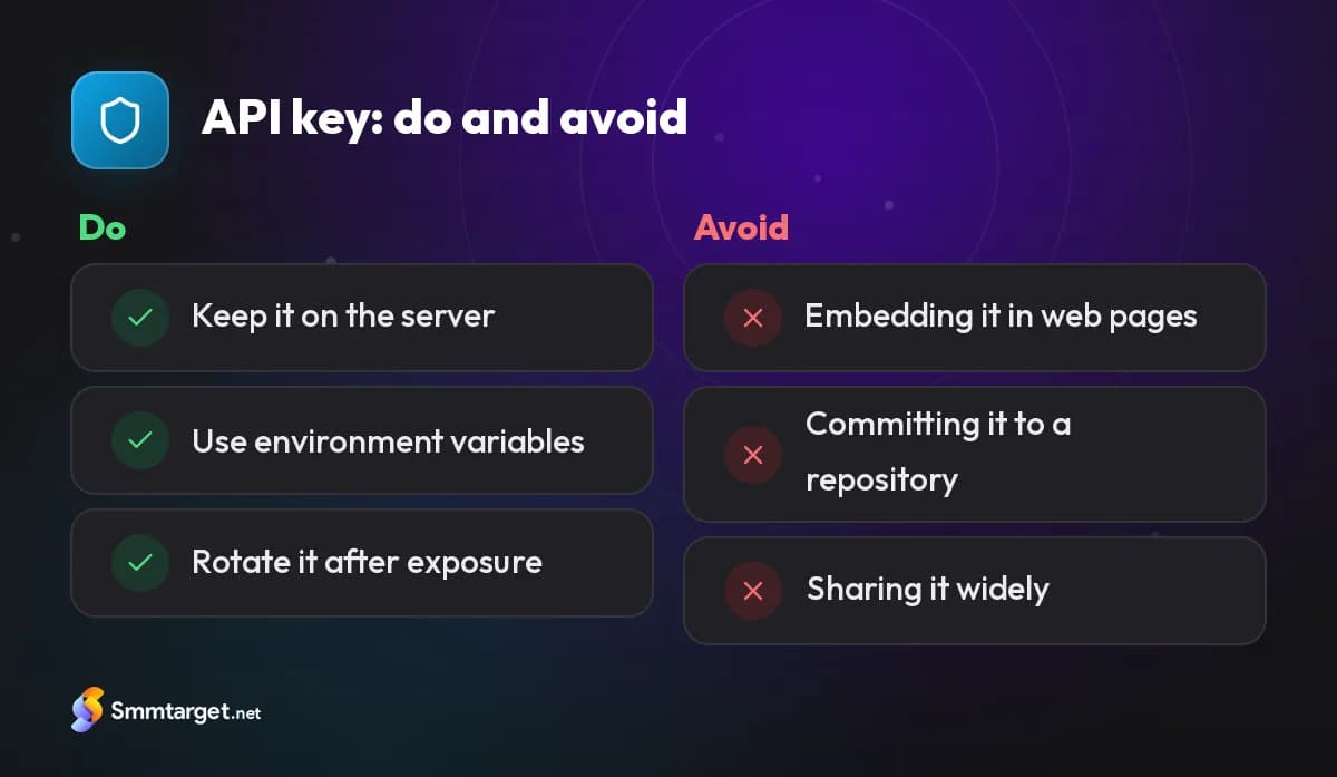 Comparison card: safe and unsafe ways to handle an SMM panel API key