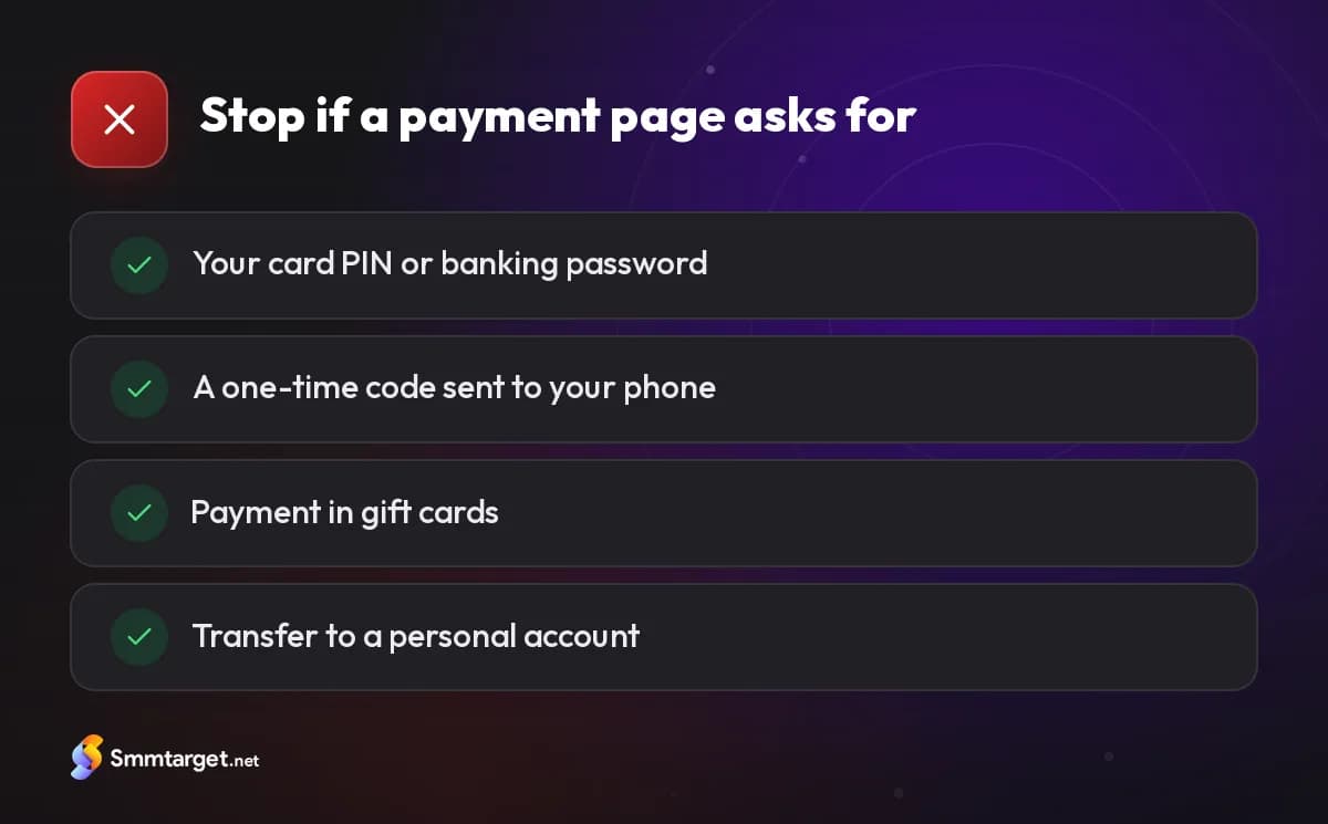 Checklist: four red flags on an SMM panel payment page