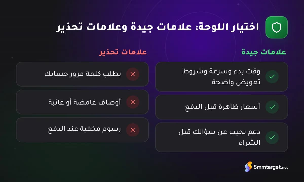 بطاقة مقارنة: العلامات الجيدة مقابل علامات التحذير عند اختيار لوحة SMM