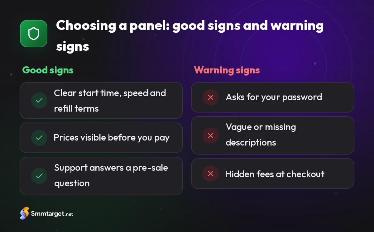 Comparison card: good signs versus warning signs when choosing an SMM panel